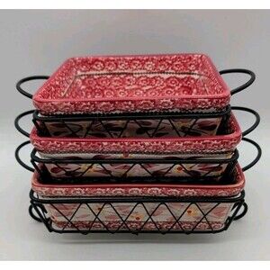 Temp-Tations Old World Cranberry Set of 3 Square Bakers With Wire Serving Racks